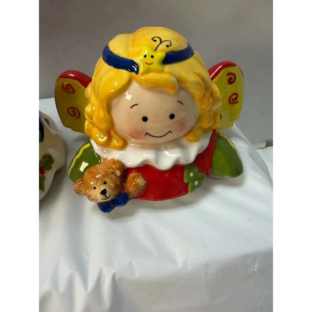 Vintage Christmas Angel Cookie Jar Ceramic Teddy Bear Lollipop Holiday Decor